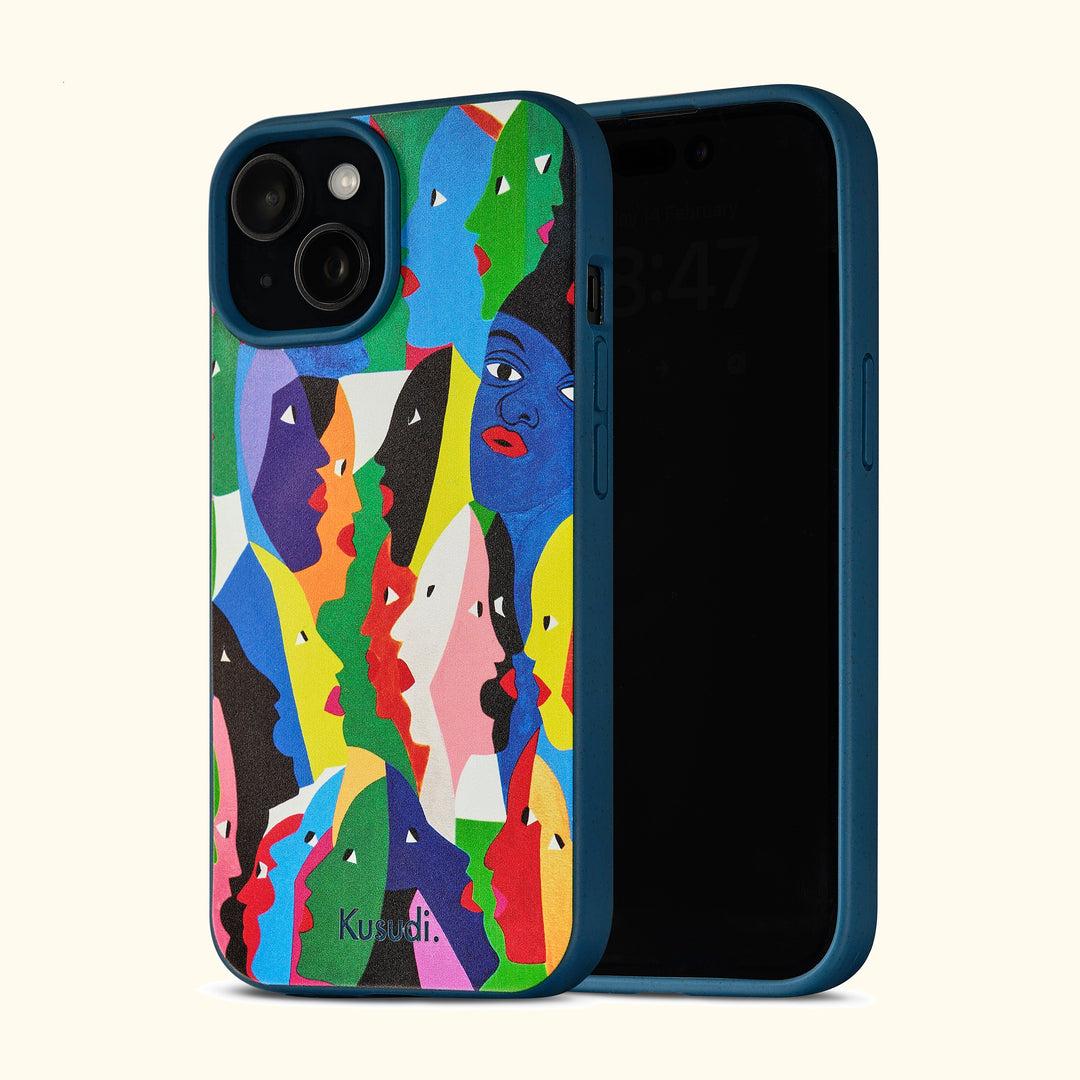 Phone case featuring the multi-colourfed artwork of Haitian artist Joseph Eddy Pierre displaying multiple characters faces intertwining 