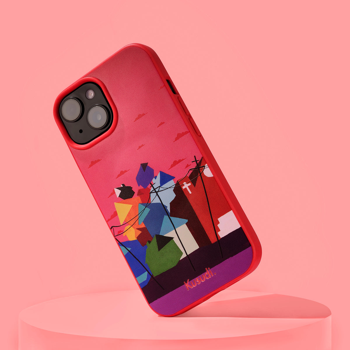 Kusudi phone with the artwork of Jay McKay, featuring abstract yellow, blue and red New Orleans style homes