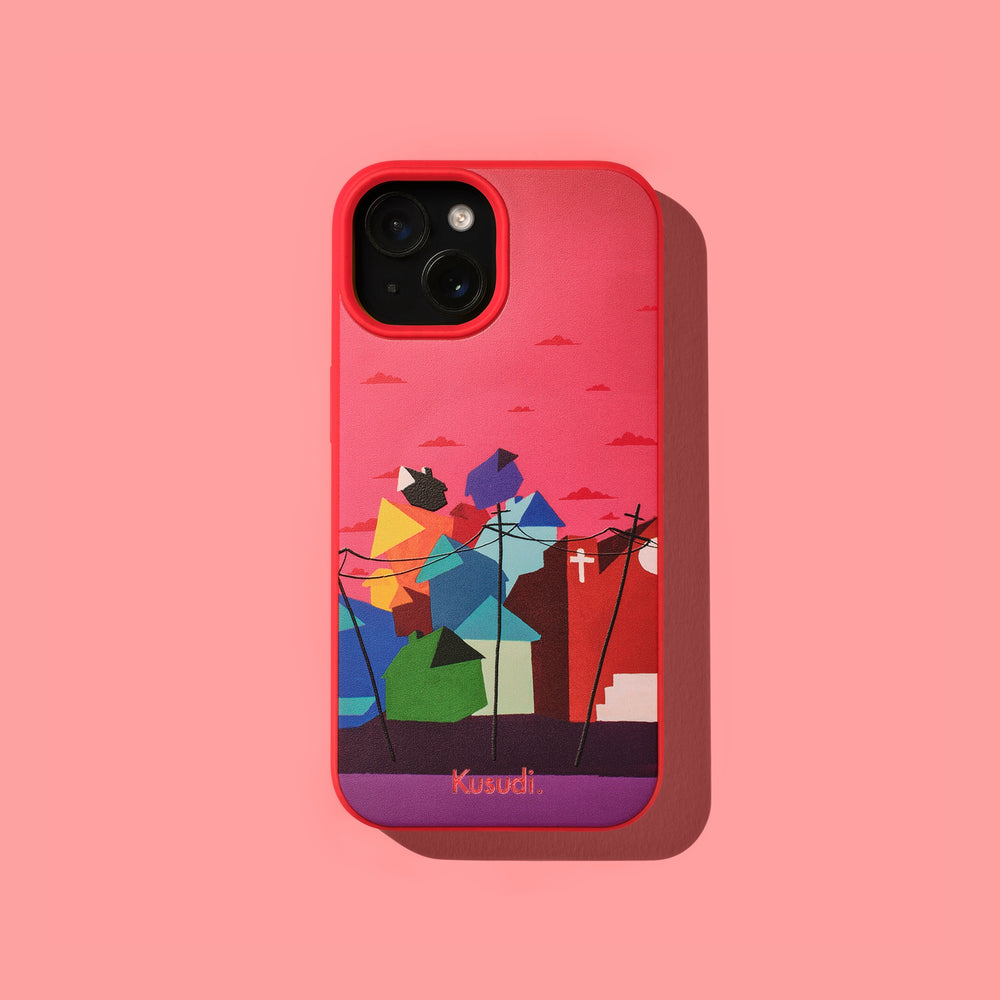 Kusudi phone with the artwork of Jay McKay, featuring abstract yellow, blue and red New Orleans style homes