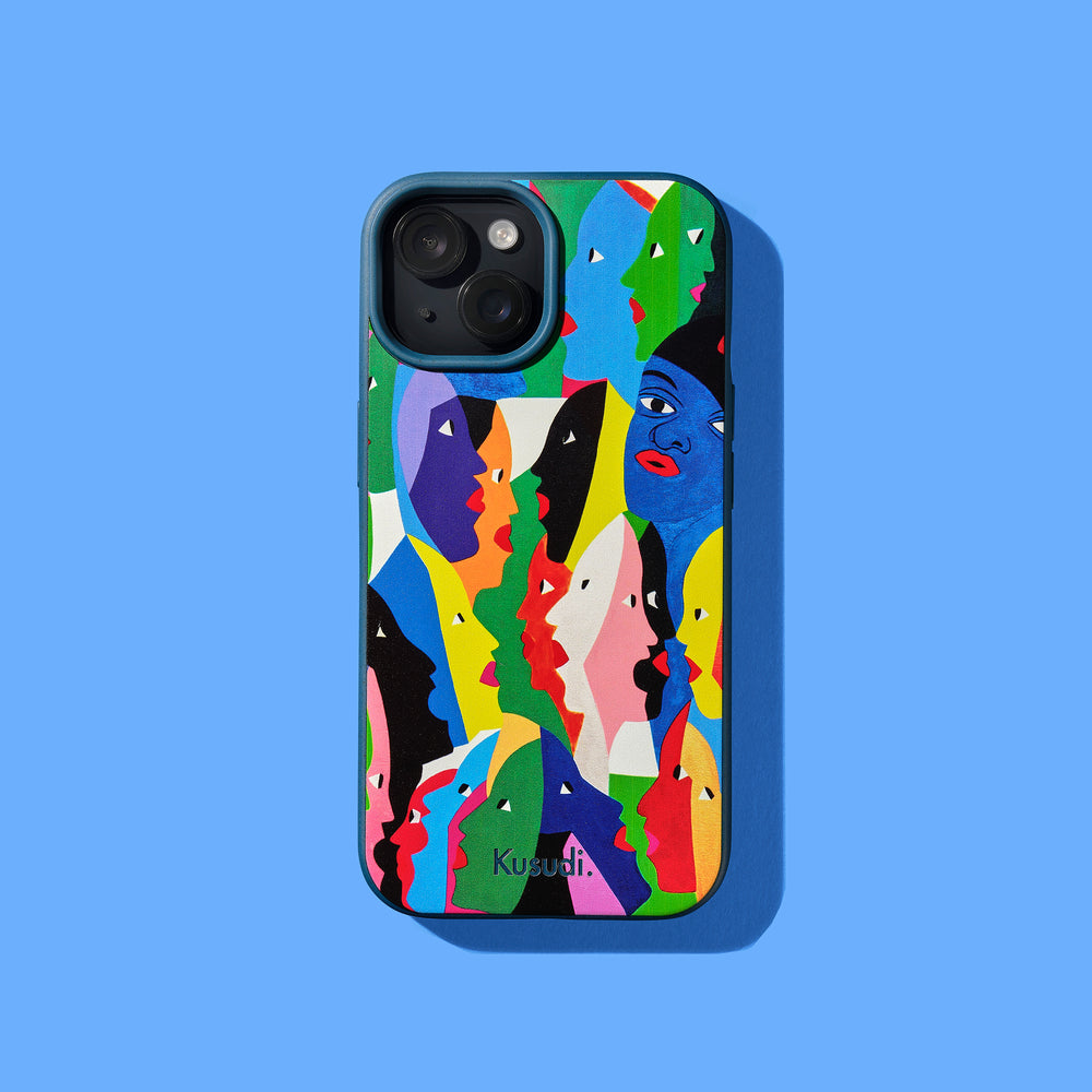 Phone case featuring the multi-colourfed artwork of Haitian artist Joseph Eddy Pierre displaying multiple characters faces intertwining 