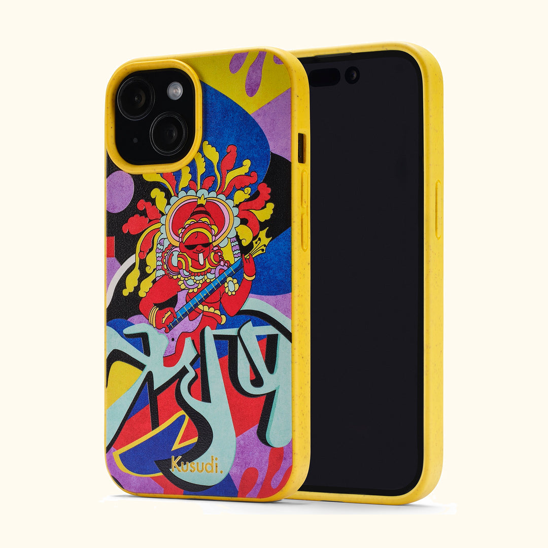 Kusudi phone case featuring colourful deity-like artwork by Mumbai artist Krantinaari