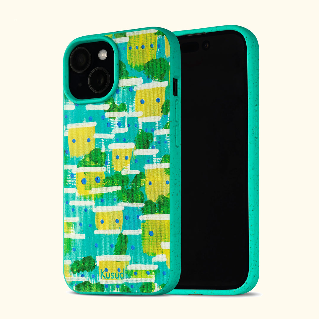 Phone case featuring the artwork of Wark Rocinha, decorated with mini-favela characters in yellow and blue