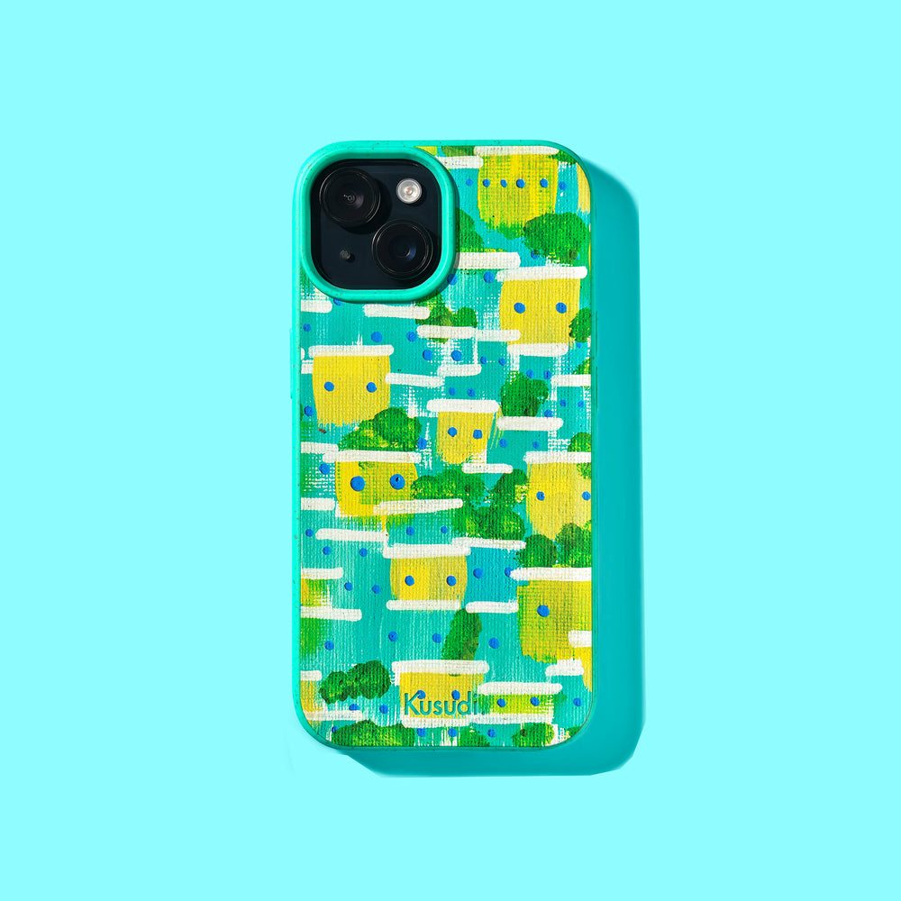 Phone case featuring the artwork of Wark Rocinha, decorated with mini-favela characters in yellow and blue