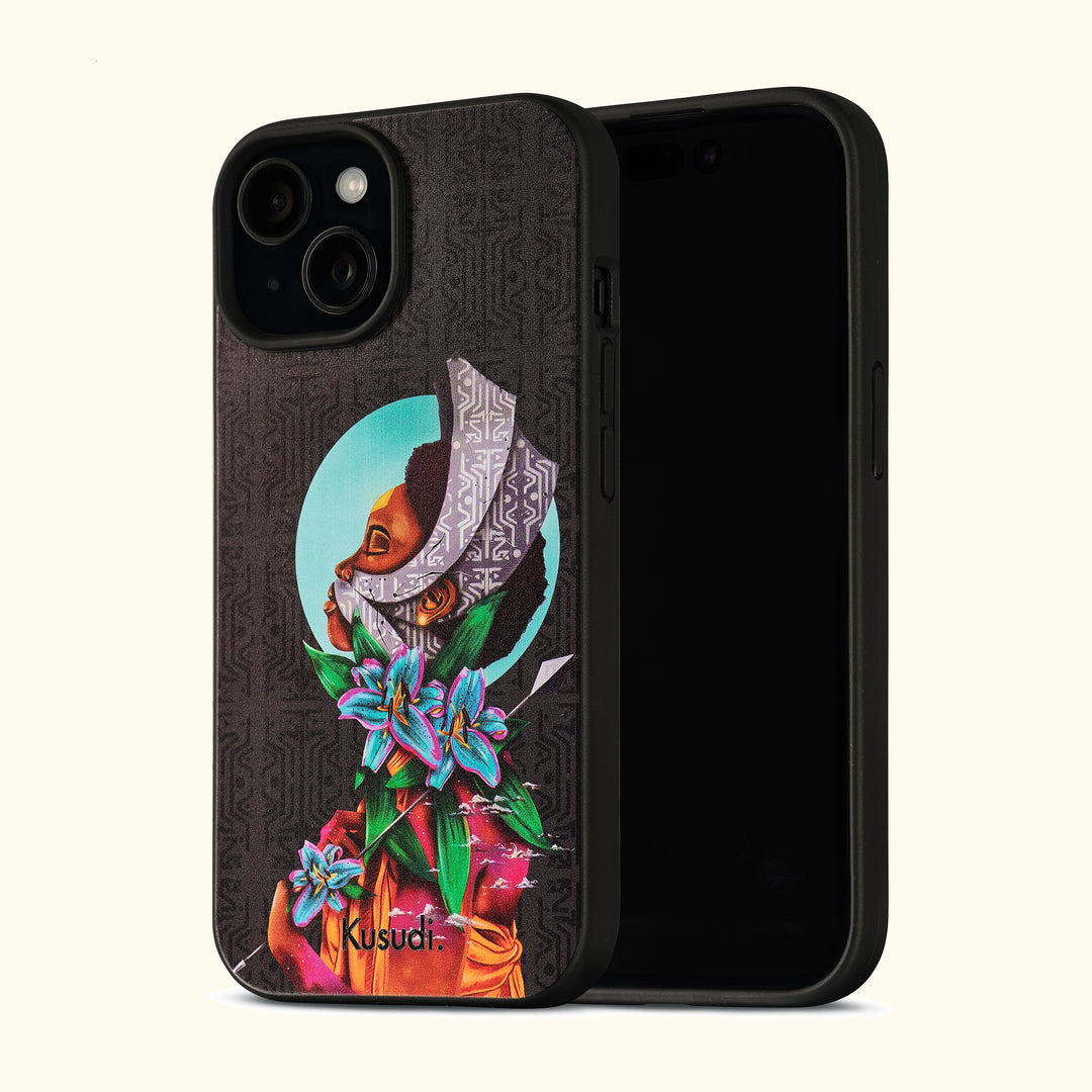 Kusudi phone case featuring the artwork of Nairobi artist WiseTwo, displaying a tribal lady with beautiful bright floral accents 