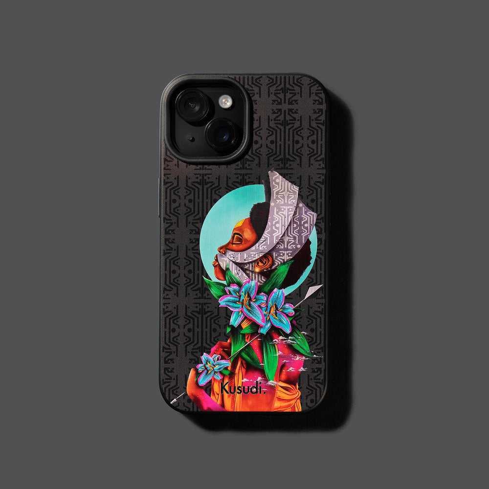 Kusudi phone case featuring the artwork of Nairobi artist WiseTwo, displaying a tribal lady with beautiful bright floral accents 